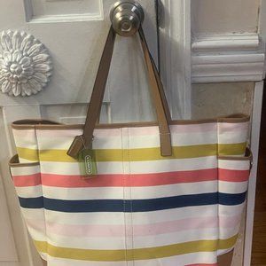 X-Large Coach Striped Canvas/Leather Tote